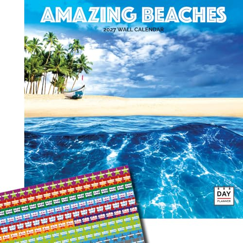 Dayplanner Amazing Beaches Calendar 2027, Large with Stickers | Large square 16-month wall calendar with organisational stickers, ideal as a Amazing Beaches gift.