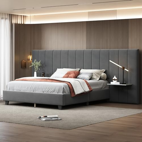 Rtopsu Letto Imbottito Letto Matrimoniale 160x200 cm con Testata Estesa e Contenitore Ripiani, Struttura Letto con Telaio in Metallo e Doghe in Legno, Velluto, Grigio, Senza Materasso
