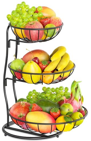 KreuRaxy 3-stöckig Obstständer Obstkorb Obst Etagere für Obstaufbewahrung, Groß Mehrstufiger Obstschale für Arbeitsplatte Küche Organizer, Moderne Metalldraht Gemüse Obstkörbe, Platzsparend (Schwarz)
