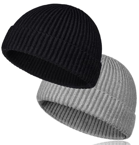 TSKNOMO 2 PCS Wool Short Fisherman Beanie for Men, Soft Knit Cuff Trawler Beanie Caps Winter Warm Hats for Women