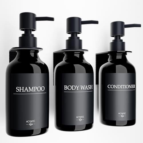 HCYWOC Schampodispenser för duschvägg, schampo och balsamdispenser med 16 vattentäta etiketter, ingen borr dusch tvåldispenser badrum, dusch tvåldispenser väggmonterad, 500 ml, 3-pack, svart