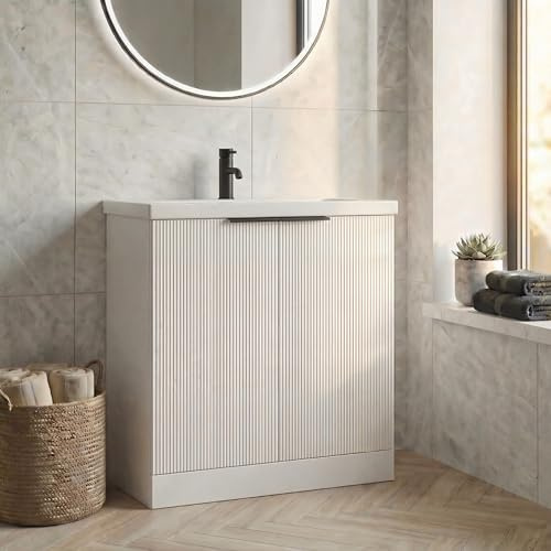 BAYSTONE® Fluted 800mm Bathroom Vanity Unit Ceramic Wash Sink, Cloakroom Storage Furniture Under Basin Cabinet Floorstanding Cupboard, Matt White