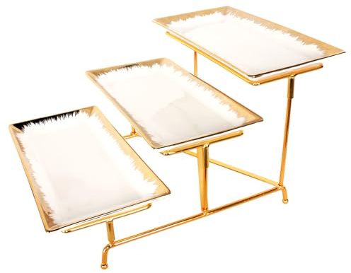 jinsongdafa 3 Tier Serving Tray Set, 29 CM Porcelain Tiered Gold rim Serving Trays Platters, Sturdier Gold Stand, Serving for Party Entertaining Food Display Fruit Dessert