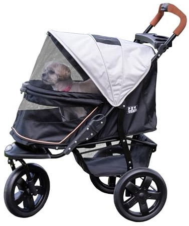Pet Gear No-Zip AT3 Pet Stroller for Cats/Dogs, Zipperless Entry, Easy One-Hand Fold, Jogging Tires, Removable Liner, Cup Holder + Storage Basket, Platinum