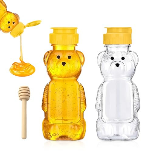 ChAusa Bear Honey Dispenser with Honey Sticks Transparent Squeeze Bottle Honey Jars with Hinged Lid Honey Bear Containers for Storing and Dispensing (350ml)