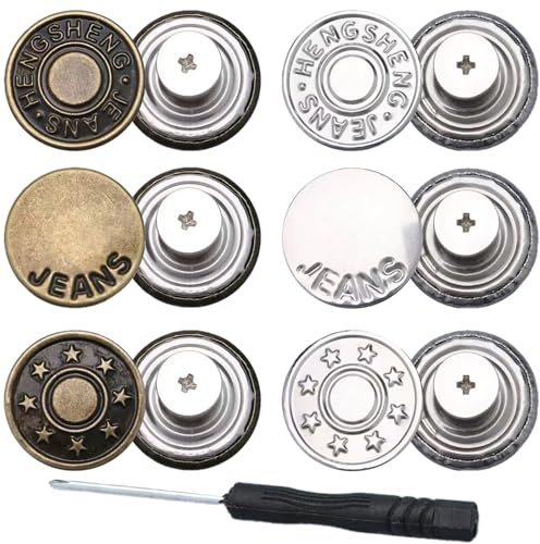 6 Stück Knöpfe für lose Jeans, 17 mm, ohne Nähen, nagellos, abnehmbare Metall-Jeansknöpfe, verstellbare Metall-Hosenknopfspanner, Reparatur-Kombinationsgewinde-Nieten und Schraubendreher