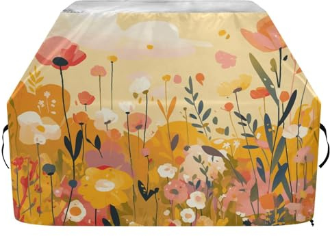 Bunte Blumen-Grillabdeckung für den Außenbereich, 165 cm, wasserdicht, strapazierfähig, reißfest, lichtbeständiges Material, Grillabdeckung mit verstellbarem Kordelzug für Staub und Wind