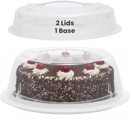Meown Cake Box 27cm Round with 2 Lid, Secure Clip Lock Lid and Flip Base, Durable Plastic Carrier for Cakes, Pies, Cupcakes, Stackable, Portable Food Safe Storage (WHITE ROUND)