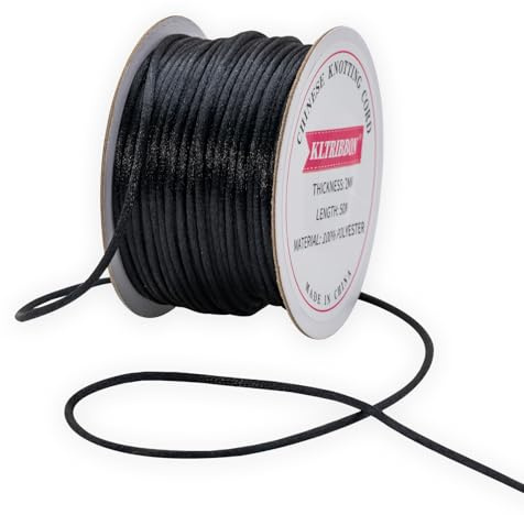 KLTRIBBON 2mm Black Satin Cord String - 50 Meters Chinese Knotting Cord Rattail Silk Rope for Bracelet Necklace Jewelry Making Macrame Trim