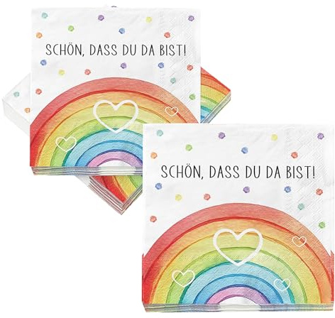 Shwdsy 40 Stück Servietten Geburtstag Kinder, 33x33 cm, Bunte Party | Mit Schön Dass du da Bist Aufdruck und Herz Rainbow Muster, Geeignet für Geburtstage, Hochzeiten, Taufen und Feiern