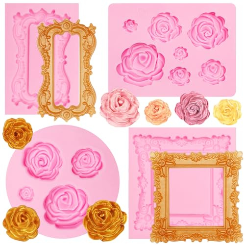Silikonform „Rose“, Fondantform „Vintage-Bilderrahmen“, 4-teiliges Set | Bilderrahmenmotive im Rosen- und Barockstil, geeignet für Cupcake-Dekorationen, Cupcake-Topper und Bastelprojekte