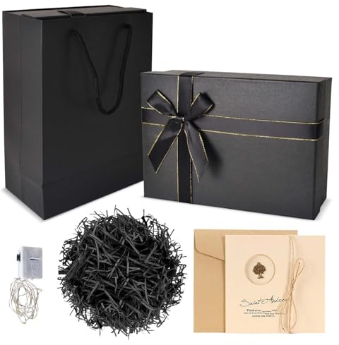 Geschenkbox mit Deckel, 28 x 20 x 8 cm Geschenk Box Karton Groß mit Schleife Grußkarte Bast und Licht, Geschenkkarton für Geburtstag Hochzeit Weihnachten (Schwarz)