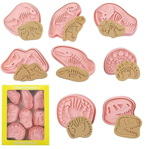 8Pcs Dinosaur Cookie Cutters,Cute Cookie Cutters with Plunger Stamps,3D Fruit Embossing Cutters for DIY Biscuit Mould Baking Tools(Dinosaur/8Pcs)