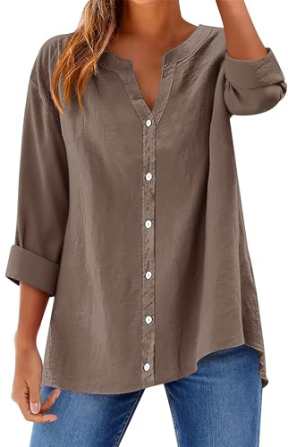 Rapbin Damblus, elegant bomull, V-ringad skjortblus, långärmad button down, lös långärmad skjorta, enfärgade toppar, blusskjorta, gråbrun, L