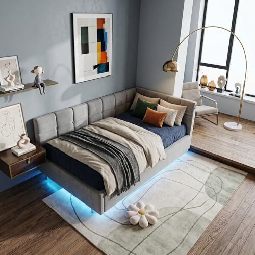 RXMORI Schlafsofa Kinderbett Bett 90x200 für Kinder, Polsterbett Einzelbett Betten mit Hydraulisch Stauraum, Tagesbett Jugendbett Bettgestell mit Lattenrost, ohne Matratze (Grau C, 90 X 200cm)