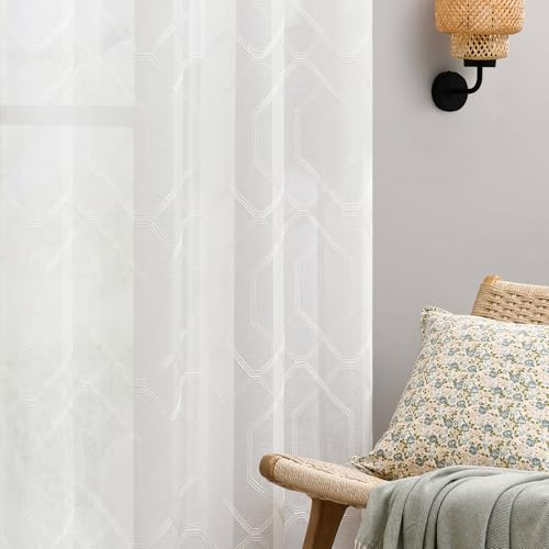 White Geometric Sheer Curtains 63 Inch Length 2 Panels Hexagon Embroidered Curtains for Bedroom Nursery Natural Modern Moroccan Trellis Light Filtering Rod Pocket Voile tulle Window Drapes, 50x63