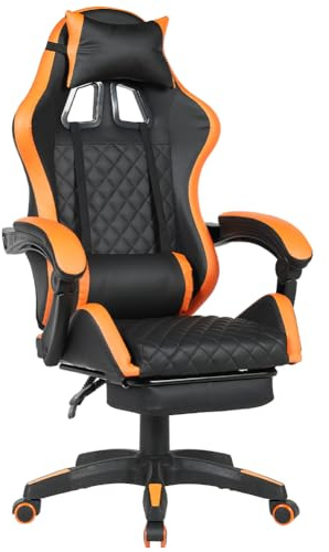 BAKAJI Sedia Poltrona Gaming Scrivana Ufficio Casa in Ecopelle Schienale Reclinabile Cuscino Lombare Poggiatesta Rotazione 360 Gradi Altezza Regolabile Base 5 Ruote (Arancione con Poggiapiedi)