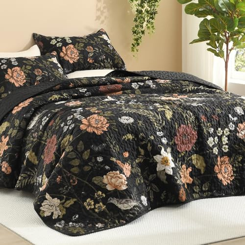 Litanika Floral Black Quilt King Size - 3 Pieces Botanical Birds Pattern Quilt Bedding, Lightweight Soft Coverlet for All Seasons (106x96)