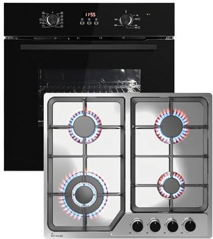 KKT KOLBE Set horno 60 cm negro BO8010FB y placa gas 59 cm inox G604ED | 4 fuegos wok | grill aire caliente | guías telescópicas | timer auto | doble cristal, bloqueo niños | SET8010FBG604ED