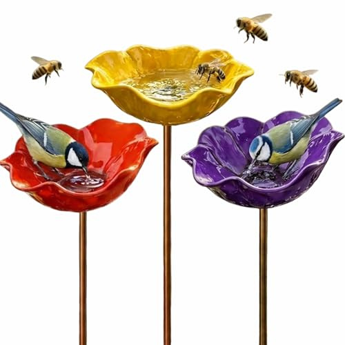 HOMEOL 3er Set Insektentränke Gartenstecker Metall, Vogeltränke Stehend, Bunte Blumen Bienentränke für den Garten, Wetterfeste Gartendeko für Draußen Balkon Terrasse (Rot, Violett, Gelb)