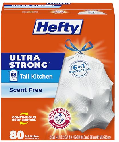 Hefty Ultra Strong Trash Bags (Scent Free, Tall Kitchen Drawstring, 13 Gallon, 80 Count) Fits All Simplehuman Size J Cans