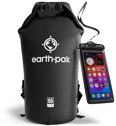 Earth Pak- Sac étanche avec Fermeture Pliable permettant de Garder Votre équipement au Sec pour Le Bateau, la randonnée, Le Camping et la pêche, avec étui imperméable pour téléphone (Noir, 10L)