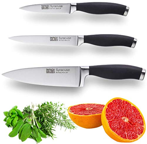 Taylors Eye Witness Syracuse Kitchen Knife 3pce Set - Paring 9cm/3.5”, Chefs 15cm/6” & Cooks All Purpose 13cm/5” Cutting Edge. Ultra Fine, Razor Sharp Blade. Soft Textured Grip Matte Black Handle.