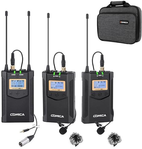 Comica CVM-WM100PLUS - Wireless Microphone System for Cameras, Camcorders, Smartphones, Laptops, Professional UHF Wireless Lavalier Lapel Microphone with Dual-Channel Recording, AA Batteries