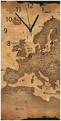 Wallario Design-Wanduhr Alte Weltkarte Karte von Europa in englisch aus Glas, Motiv-Uhr Größe 30 x 60 cm, Schwarze Zeiger