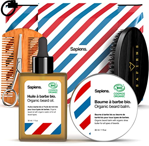 Sapiens BarberShop Bartpflege Set für Männer - Bio Bartöl und Bio Bart Balsam Cosmos Organic Zertifiziert - Bartkamm und Bartbürste, Bartschere, Reisebeutel - Beard Care Kit Made in EU
