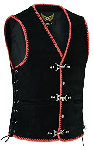 Leatherick Läderväst för män i äkta mockaläder, röd, flätad klassisk, svart väst med fiskkrok och sidosnören (S, Svart (Röd Flätad))