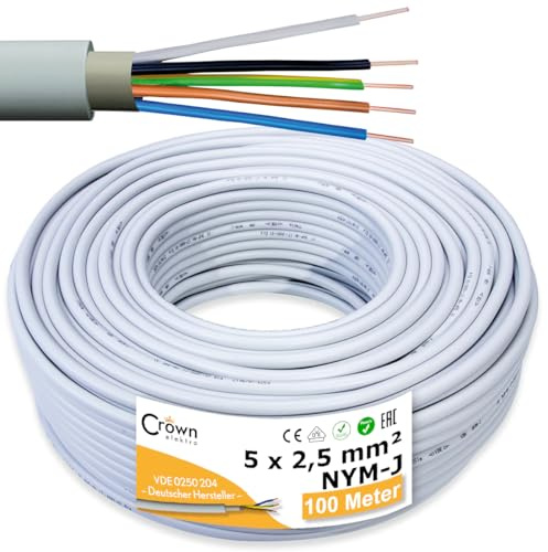 NYM-J 5x2,5mm² Kabel 100m Mantelleitung nach VDE 0250-204 Feuchtraumkabel | Elektrokabel 5-Adrig Kupfer Volldraht | Stromkabel für Elektroinstallation in Hellgrau nach DIN NORM EN60332-1-2