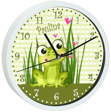 CreaDesign, Wanduhr Kinder personalisiert mit Name, Motiv Frosch-Graß-Karo, Rahmen Wanduhr weiß, Ø 19,5 cm