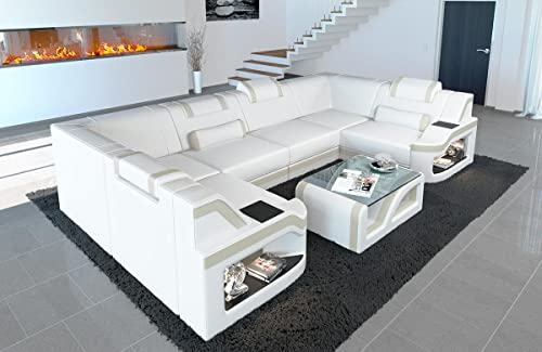 Sofa Wohnlandschaft Padua Ledersofa U Form - mit LED Beleuchtung, verstellbare Kopfstützen/Lederfarben wählbar (Weiß-Beige)