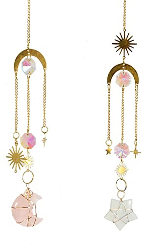 Healing Crystal Wind Chimes Set 1Pcs Opal Crystal Star Sun Catcher Pentagram Pendant Crystal and 1Pcs Rose Quartz Crystal Wind Chime Pendant Ornaments