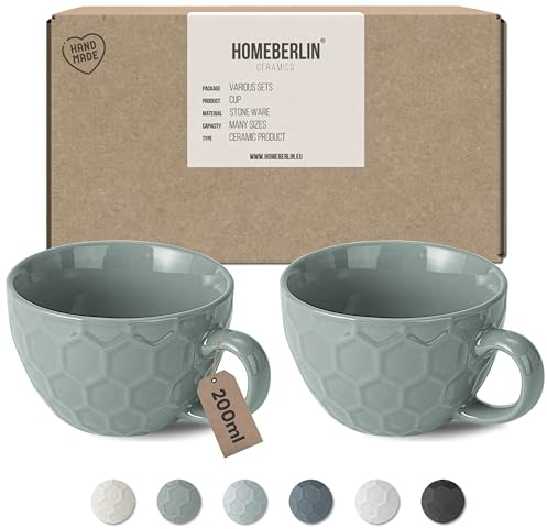 HOMEBERLIN® Barista 2er Cappuccino Tassen Set - 200ml Kaffeetassen Set - Premium Kaffee Tassen Set aus hochwertigem Steingut - 2 moderne Kaffeetassen aus 100% Handfertigung - Dickwandige Kaffee Tasse