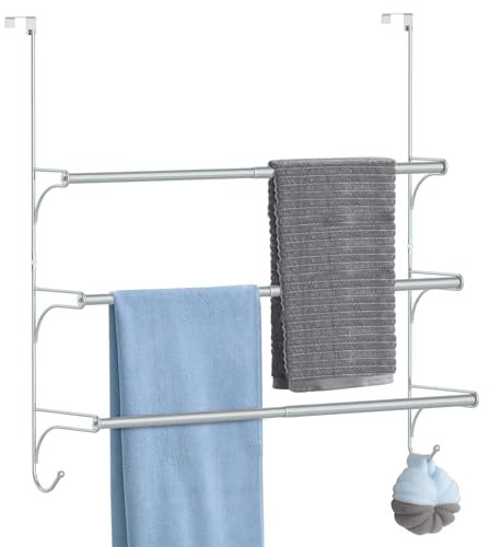3 Tier Over the Door Towel Rail, Adjustable Bathroom Towel Rack with 2 Hooks, Hanging Towel Holder for Storage Organiser Towelsor Clothes, Silver