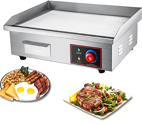 Plancha Eléctrica 3000 W Plancha de Asar de Acero Inoxidable 550 x 350mm Parrilla Barbacoa Eléctrica 50-300℃ con Bandeja Recoge Grasa, Antisalpicaduras, para Panqueques, Tocino Crujiente