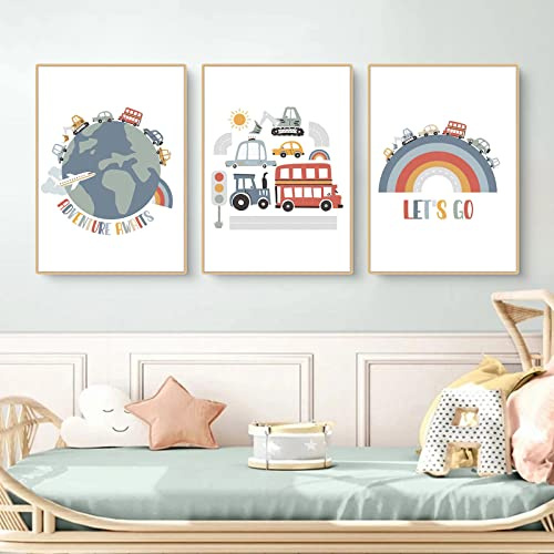 CULASIGN 3er Set Poster für Kinderzimmer, DIN A4 Bilder für Jungen & Mädchen, Autos Straßen Wandbilder Fahrzeuge Kinderposter für Schlafzimmer Babyzimmer Wandeko, Ohne Rahmen (ABC,30x40cm)