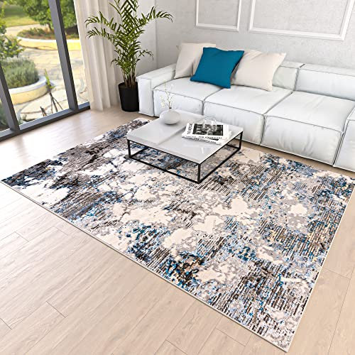Mazovia Abstraktes Vintage Designer Teppich - Kurzflor - Weich Teppich für Wohnzimmer, Esszimmer - ÖKO-TEX Wohnzimmerteppich - Teppiche Beige Blau Grau 80 x 150 cm