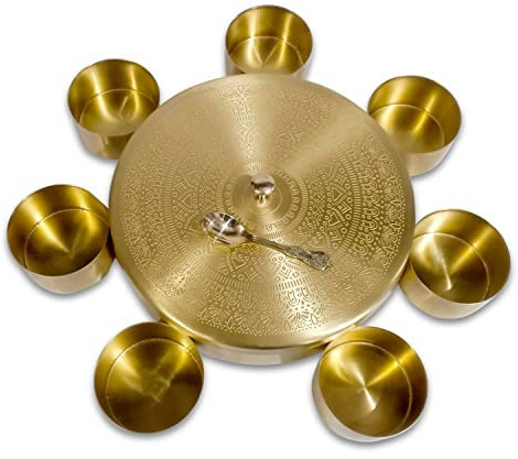 Aakrati Devyom Devyom Spice Jar Container Brass Masala Box Spice Box Masala Dani Box Set With 7 Brass Containers And 1 Brass Spoon, Masala Spice Container Golden Spice Container (Design-3)