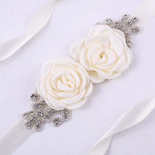 SYSUII Kristall Strass Damen Gürtel Hochzeit Satin Schärpe Brautgürtel 270cm Braut Gürtel Rose Blume Hochzeit Party Brautjungfer Kleid Gürtel Taillengürtel Hüftgurt Hochzeitskleid Kleid Zubehör-Beige