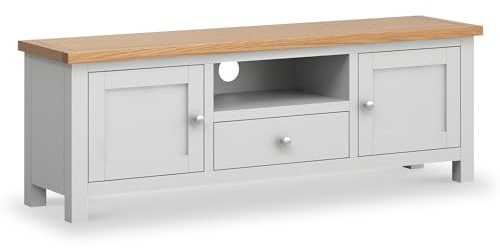 RoselandFurniture Farro Grey 140cm Large TV Unit for Living Room | Fully Assembled, Television Cabinet with Oak Top, Suitable for 55 Inch Screen, Contemporary Coastal Style, H48cm W140cm D35cm