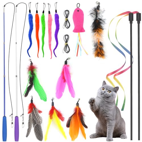 UGBO Interaktives Katzenspielzeug Intelligenz Katzen Angel Set Spielzeug Kätzchen Zauberstab Spielzeug mit Federn Cat Toys Katzenangel Stabil Katzenspiel Simucatstick für Große Kleine Katzen (Stil 1)