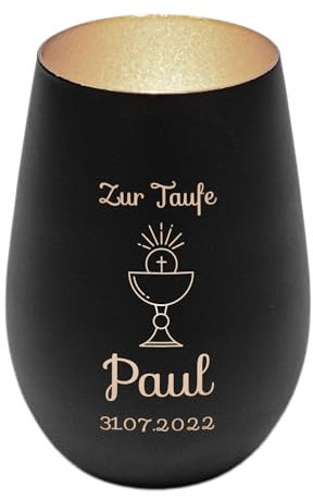 Windlicht mit Gravur zur Taufe | Schwarz/Silber | Motiv Kelch | Geschenk zur Taufe Junge Mädchen | Tischdeko und Taufgeschenk personalisiert | Kerzenhalter | Teelichtglas | Teelichthalter
