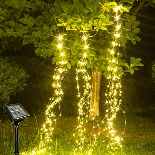 Acxilexy Solar Lichterkette, 10 Stränge 2M 200 LEDs Wasserdichte Lichterschweif, 8 Modi Glühwürmchen Bündel Lichter, Kupferdraht Wasserfall Lichterketten für Gießkanne Baum Balkon Außen Deko