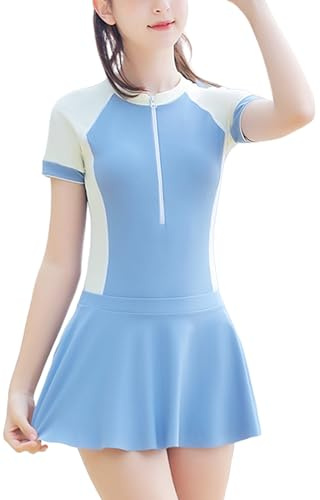 Maeau Girls Swimming Costume Kids Two-Piece Rashguard Swim Set Bathing Suits Short Sleeve Zipper Swimwear with Swim Skirt 03 BU 11-13 Y