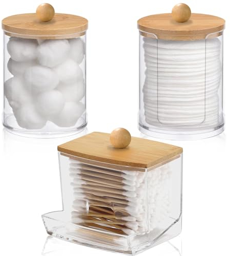 euluoziqing 3 Stück Wattestäbchen Behälter, Wattepadspender, Acryl Wattestäbchen Spender mit Bambusdeckel, Wattepads Aufbewahrung für Make Up Organizer Badezimmer Schminktisch Zubehör (Transparent)