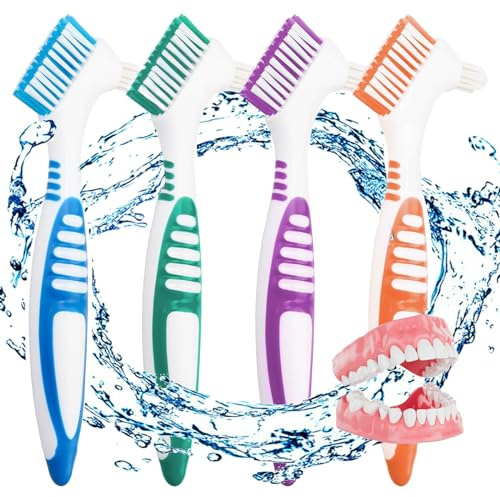 4PCS Brosse à Dents Dentier, Brosse à Prothèses pour Appareil Dentaire Double Angle, Têtes de Brosse à Double Angle,Brosse de Nettoyage pour Dentier Ergonomique Portable