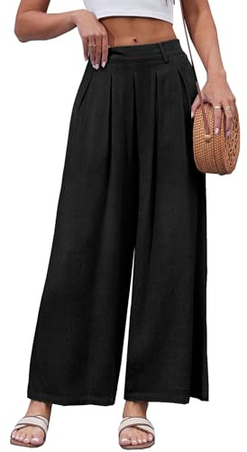 Fakanhui Pantalon pour femmes en lin, sans manches, Capri, jambes larges et décontractées, Palazzo, pantalon décontracté en coton et lin, Couleur : noir uni, L